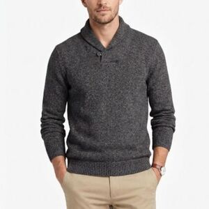 Oscar De La Renta Black Gray Marled Cotton Shawl Collared Sweater Size L